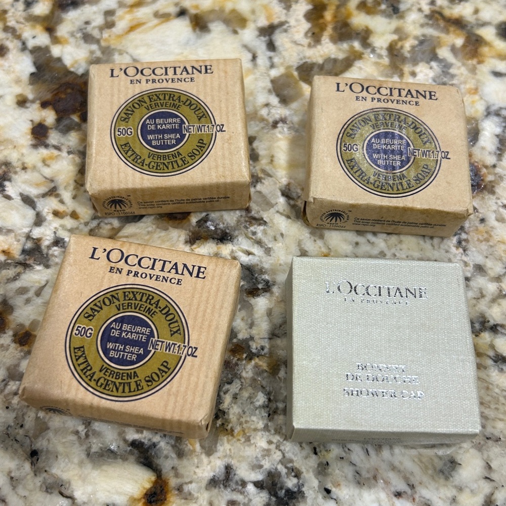 SET OF THREE❣️ L'Occitane soap bars 100g new PLUS SHOWER CAP